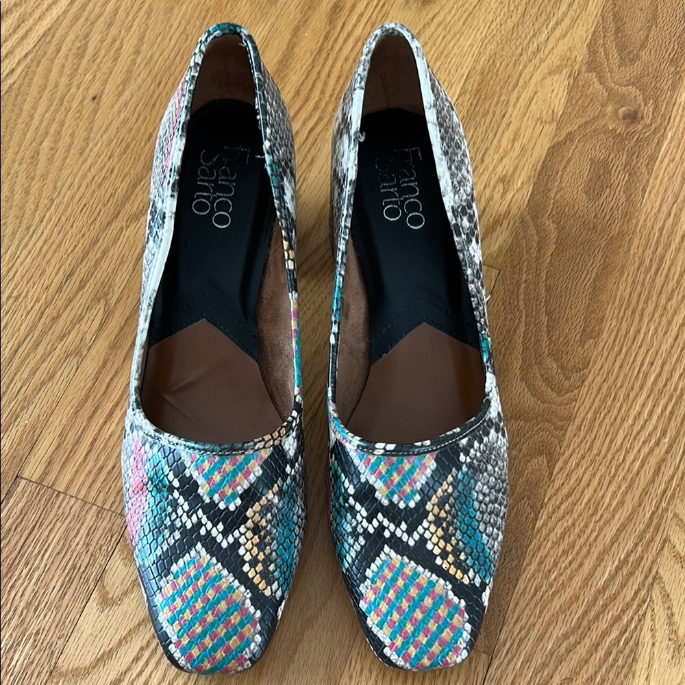 Franco Sarto Callan8.5 M Snake Print Black Multicolored 2" block heel pumps EUC - Picture 5 of 9